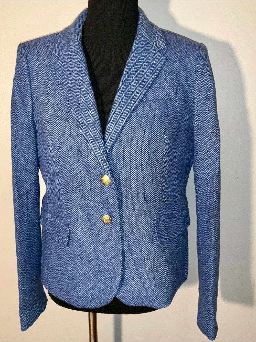 J. Crew Blue Herringbone Blazer with Gold Buttons